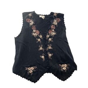Erika II Black Floral Embroidered Button Front Vest Women's Size M